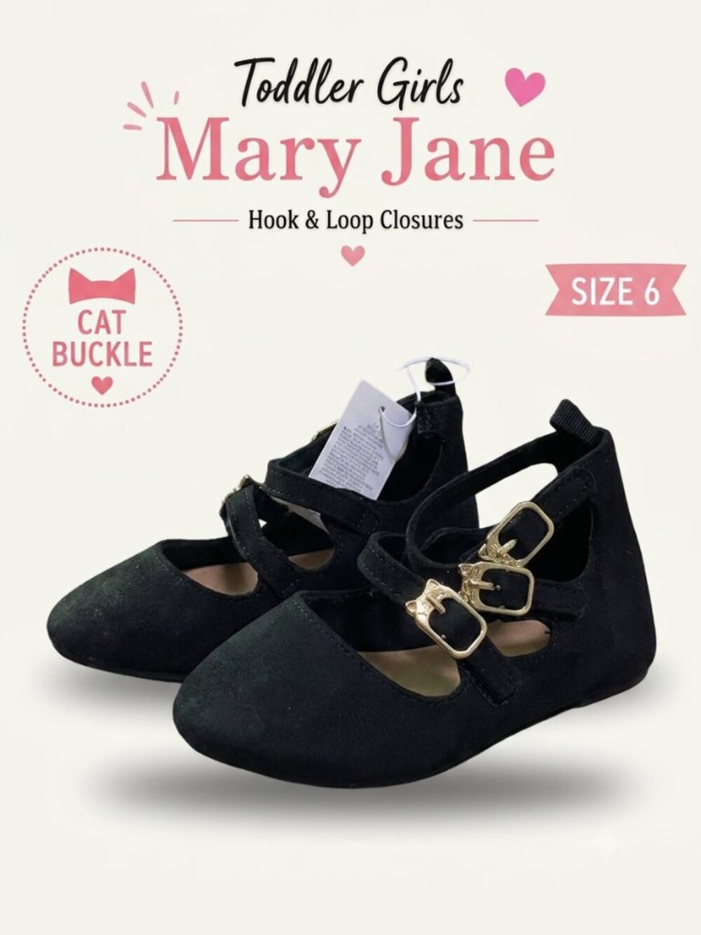 Old Navy Toddler Girls Black Suede Mary Jane Flats Cat Buckle Hook & Loop Size 6